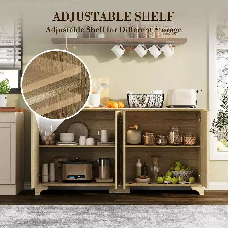 Buffet de rangement cannelé avec 4 portes décorées, meuble de bar à café en bois avec pieds en bois massif pour cuisine, salle à manger, couloir
