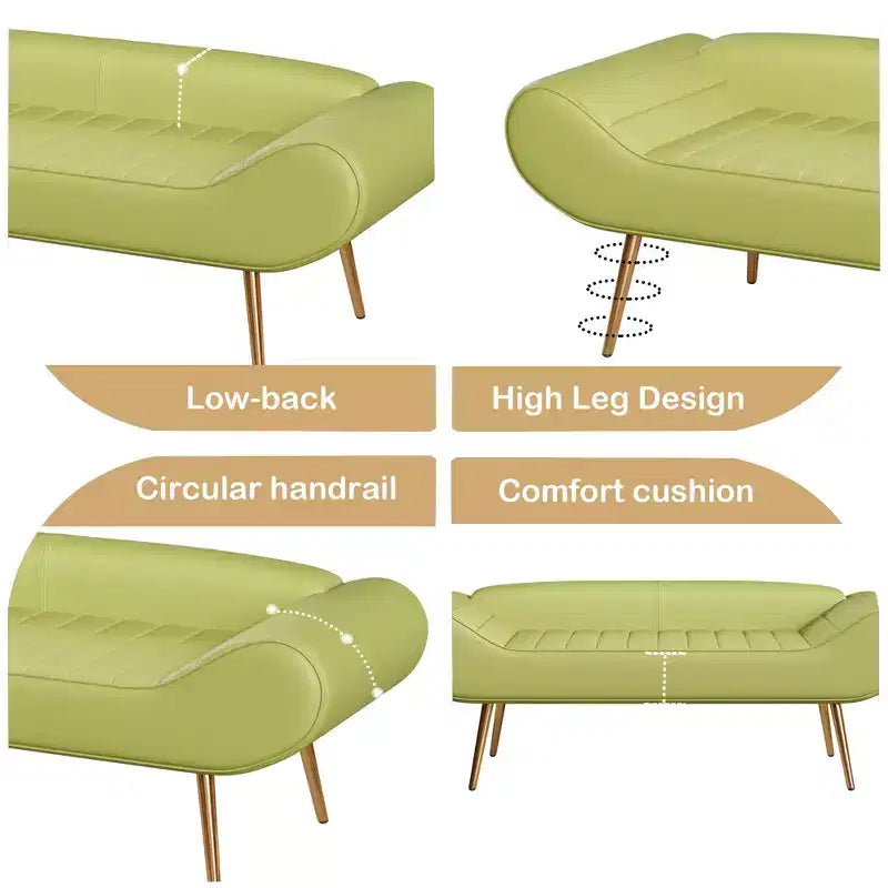 Banc-tabouret de canapé de 57 pouces avec accoudoir, dossier, pieds en métal, capacité de charge de 180 kg, tissu PVC, canapé incurvé pour chambre à coucher, bout de lit, vert