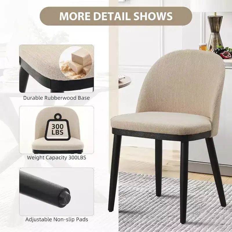 Chaise de salle à manger moderne - Dossier incurvé rembourré et pieds en bois d'hévéa, chaises d'appoint de cuisine modernes en tissu rembourré, chaise de salle à manger sans accoudoirs