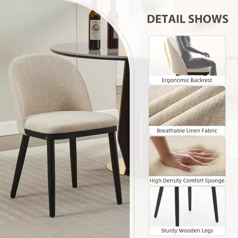 Chaise de salle à manger moderne - Dossier incurvé rembourré et pieds en bois d'hévéa, chaises d'appoint de cuisine modernes en tissu rembourré, chaise de salle à manger sans accoudoirs