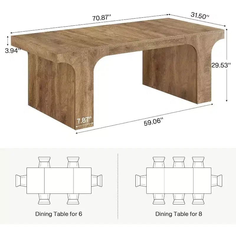 Grande table à manger Lantine de 71 pouces pour 6 à 8 personnes, table de cuisine en bois de style ferme avec design arqué et double piédestal pour dîner, banquet