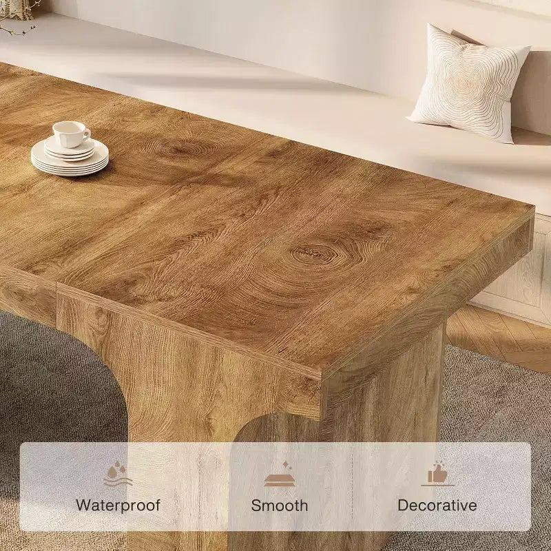 Grande table à manger Lantine de 71 pouces pour 6 à 8 personnes, table de cuisine en bois de style ferme avec design arqué et double piédestal pour dîner, banquet