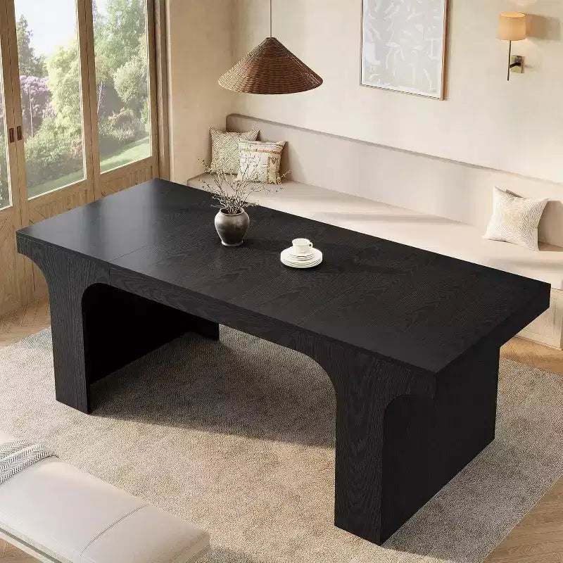 Grande table à manger Lantine de 71 pouces pour 6 à 8 personnes, table de cuisine en bois de style ferme avec design arqué et double piédestal pour dîner, banquet