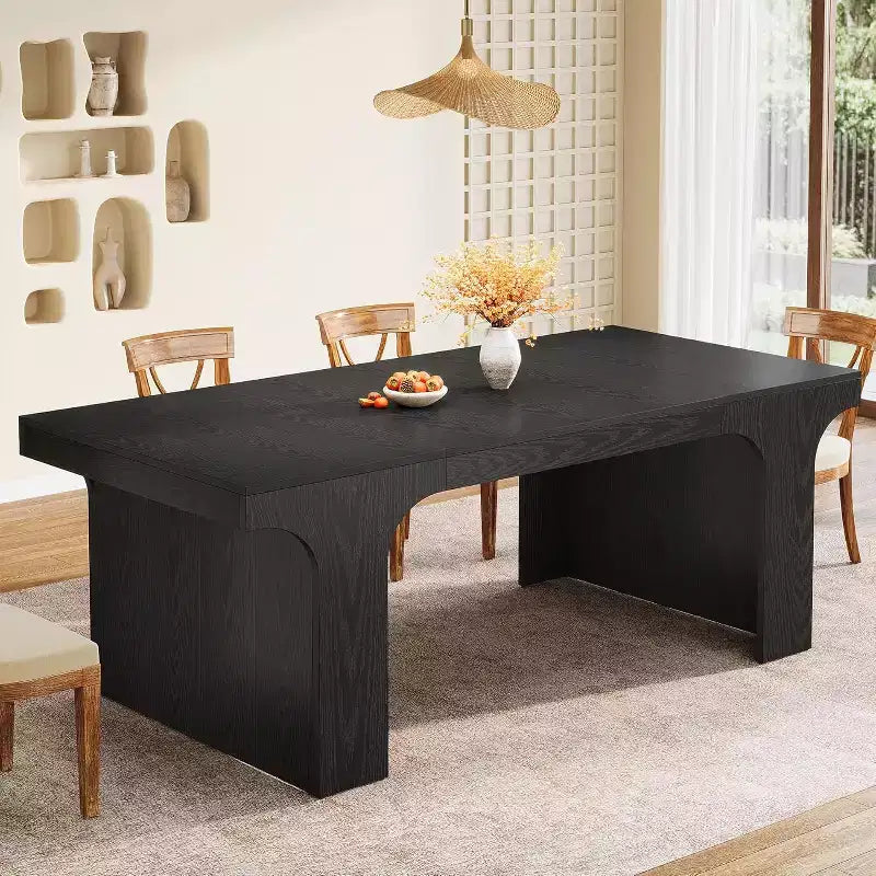 Grande table à manger Lantine de 71 pouces pour 6 à 8 personnes, table de cuisine en bois de style ferme avec design arqué et double piédestal pour dîner, banquet