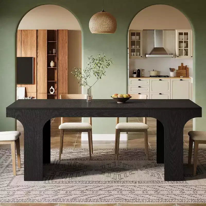 Grande table à manger Lantine de 71 pouces pour 6 à 8 personnes, table de cuisine en bois de style ferme avec design arqué et double piédestal pour dîner, banquet
