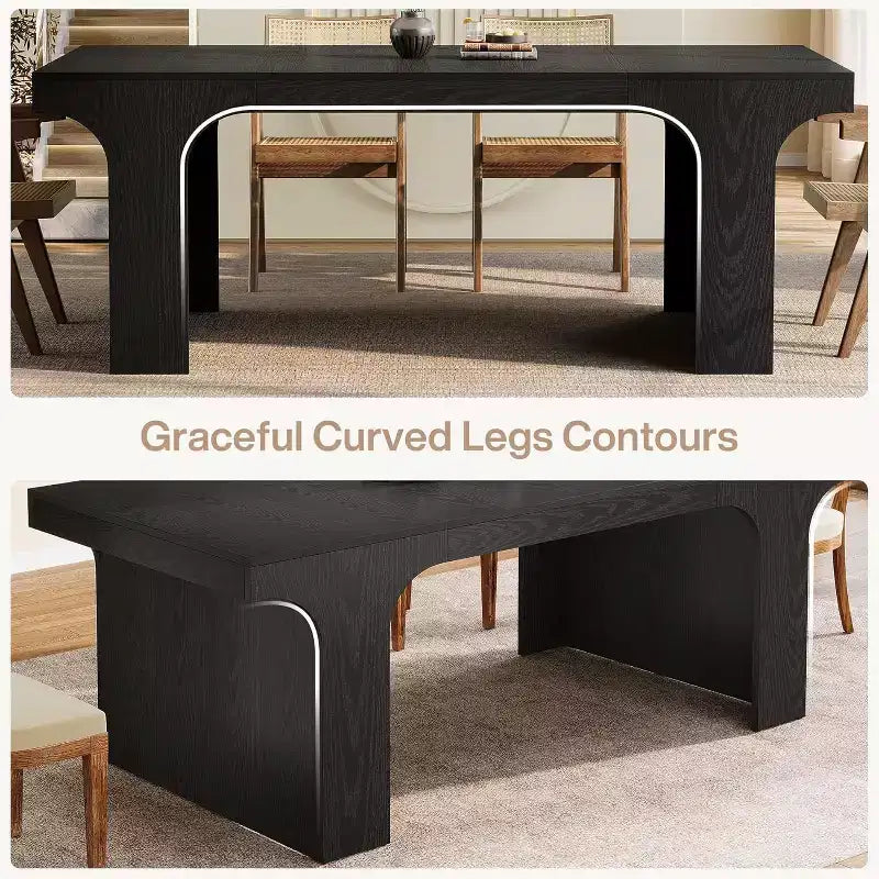 Grande table à manger Lantine de 71 pouces pour 6 à 8 personnes, table de cuisine en bois de style ferme avec design arqué et double piédestal pour dîner, banquet