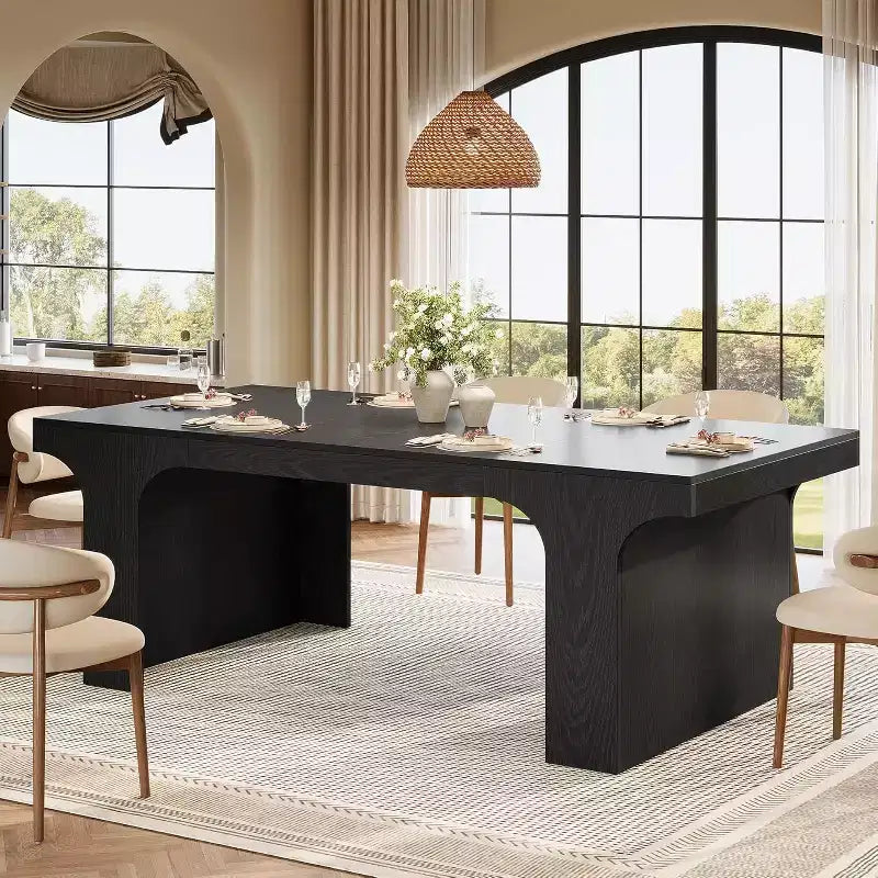 Grande table à manger Lantine de 71 pouces pour 6 à 8 personnes, table de cuisine en bois de style ferme avec design arqué et double piédestal pour dîner, banquet