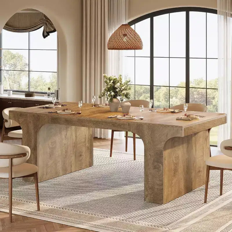 Lantine 71-Inch Large Dining Table for 6-8, Farmhouse Wooden Kitchen Table with Arched Design and Double Pedestal for Dinner, Banquet