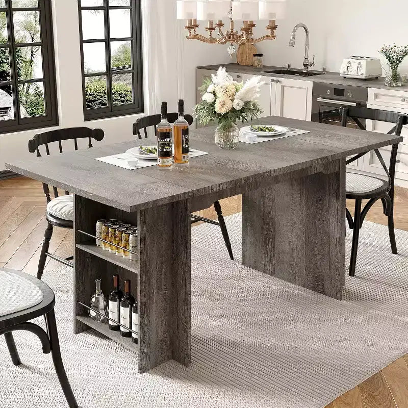 Table de salle à manger de ferme de 160 cm avec 4 étagères de rangement, table de cuisine rectangulaire en bois rustique, 2-4 places, montage facile pour salle à manger, salon
