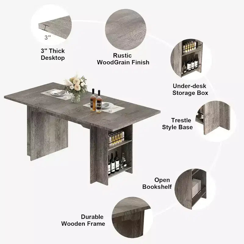 Table de salle à manger de ferme de 160 cm avec 4 étagères de rangement, table de cuisine rectangulaire en bois rustique, 2-4 places, montage facile pour salle à manger, salon