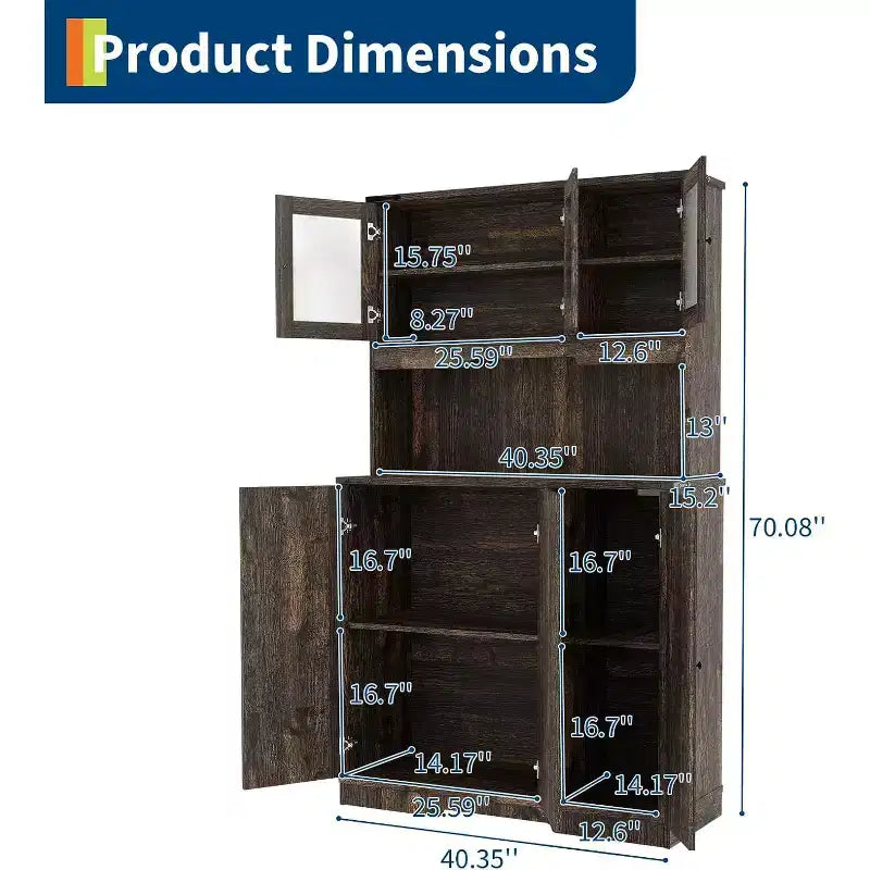Armoire de cuisine haute de 180 cm avec station de charge, vaisselier de cuisine de style ferme avec support à micro-ondes, pour salon et salle à manger