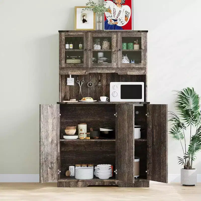 Armoire de cuisine haute de 180 cm avec station de charge, vaisselier de cuisine de style ferme avec support à micro-ondes, pour salon et salle à manger