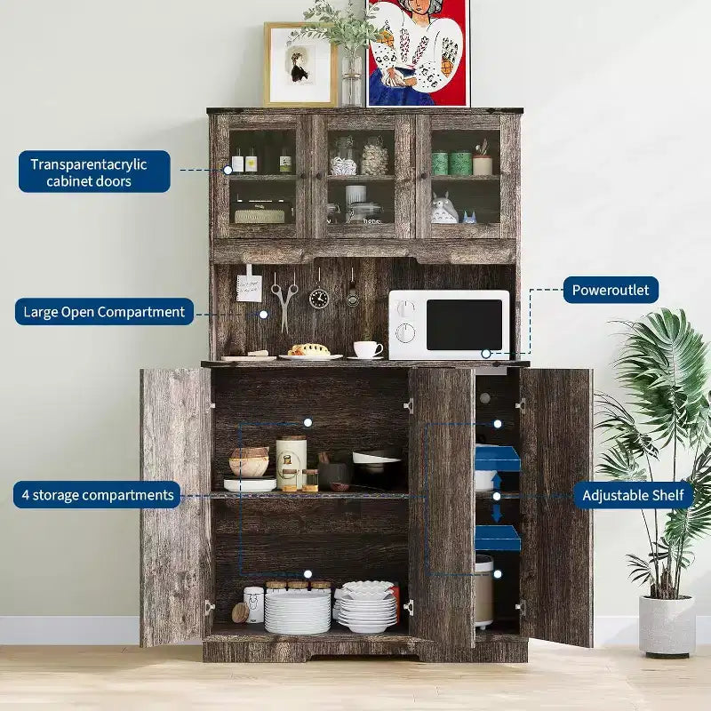 Armoire de cuisine haute de 180 cm avec station de charge, vaisselier de cuisine de style ferme avec support à micro-ondes, pour salon et salle à manger