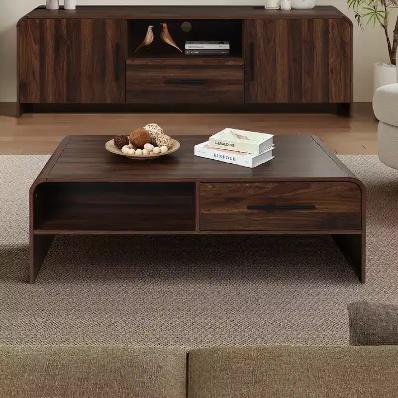 Table basse LuxenHome 47'' avec rangement, finition noyer, table centrale en bois à 2 tiroirs et rangement ouvert avec coins arrondis pour salon marron