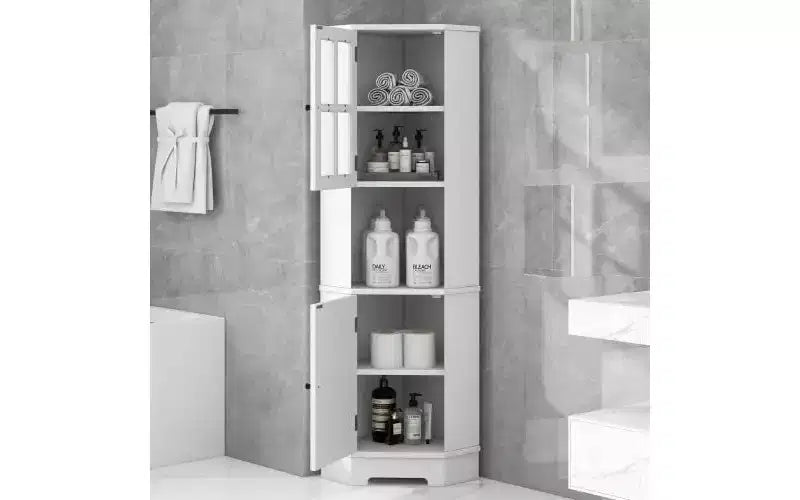 Meuble d'angle de salle de bain en MDF avec portes en verre, rangements ouverts et fermés, étagères réglables, dispositif anti-basculement, angle droit peu encombrant, blanc