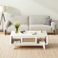 MAYEERTY 44in White Modern Square Wooden Coffee Table With Rattan Drawer for Living Room