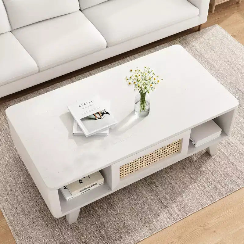 Table basse carrée moderne blanche en bois MAYEERTY de 44 pouces avec tiroir en rotin pour salon