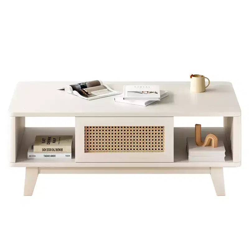 Table basse carrée moderne blanche en bois MAYEERTY de 44 pouces avec tiroir en rotin pour salon