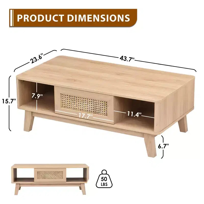 MAYEERTY Table Basse Carrée Moderne en Bois Naturel de 44 pouces avec Tiroir en Rotin pour Salon