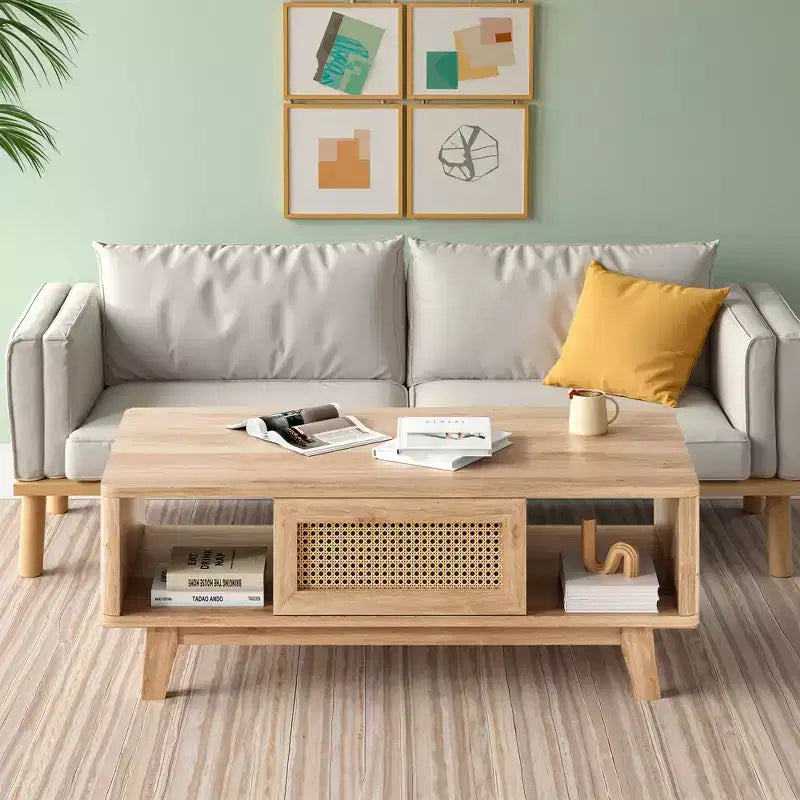 MAYEERTY Table Basse Carrée Moderne en Bois Naturel de 44 pouces avec Tiroir en Rotin pour Salon