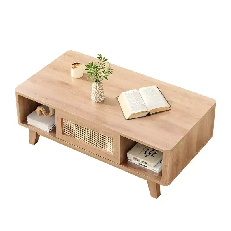 MAYEERTY Table Basse Carrée Moderne en Bois Naturel de 44 pouces avec Tiroir en Rotin pour Salon