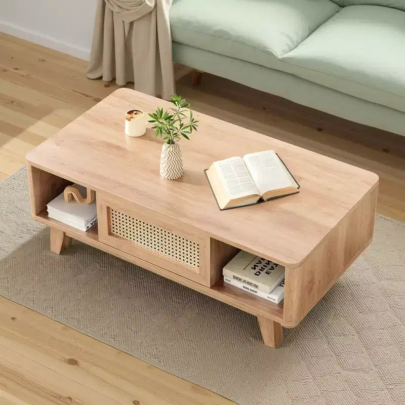 MAYEERTY Table Basse Carrée Moderne en Bois Naturel de 44 pouces avec Tiroir en Rotin pour Salon