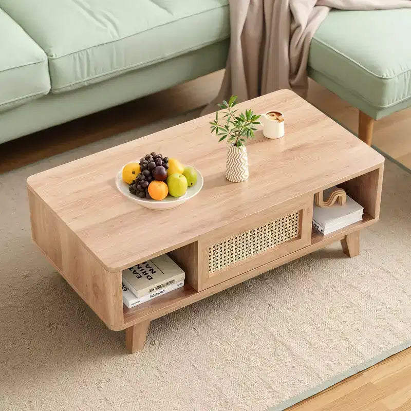 MAYEERTY Table Basse Carrée Moderne en Bois Naturel de 44 pouces avec Tiroir en Rotin pour Salon