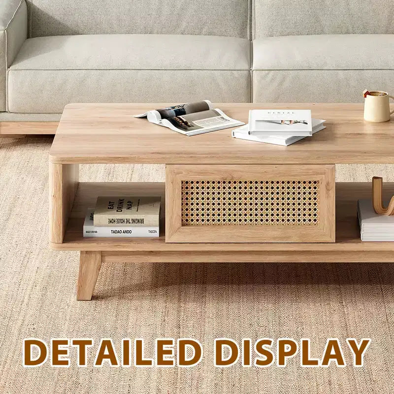 MAYEERTY Table Basse Carrée Moderne en Bois Naturel de 44 pouces avec Tiroir en Rotin pour Salon