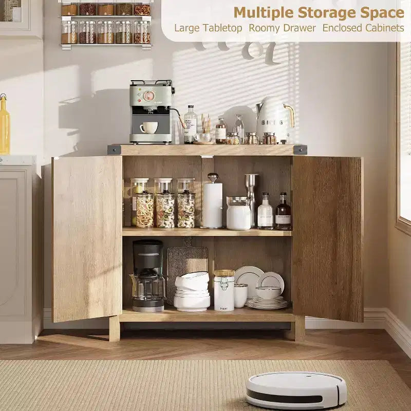 Buffet bas en rotin de 80 cm avec tiroir, étagères réglables, style bohème et ferme