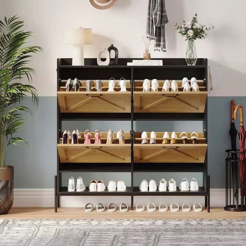 Meuble à chaussures avec 4 tiroirs basculants, Meuble à chaussures étroit, Organisateur de rangement de chaussures autoportant, Séparation sec et humide avec pieds en métal