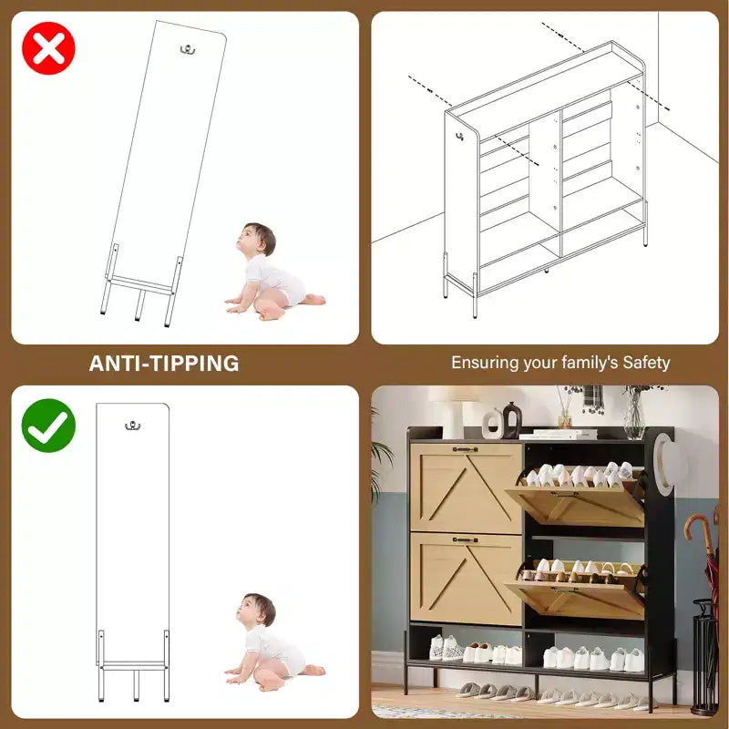 Meuble à chaussures avec 4 tiroirs basculants, Meuble à chaussures étroit, Organisateur de rangement de chaussures autoportant, Séparation sec et humide avec pieds en métal