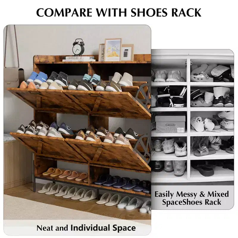 Meuble à chaussures avec 4 tiroirs basculants, Meuble à chaussures étroit, Organisateur de rangement de chaussures autoportant, Séparation sec et humide avec pieds en métal