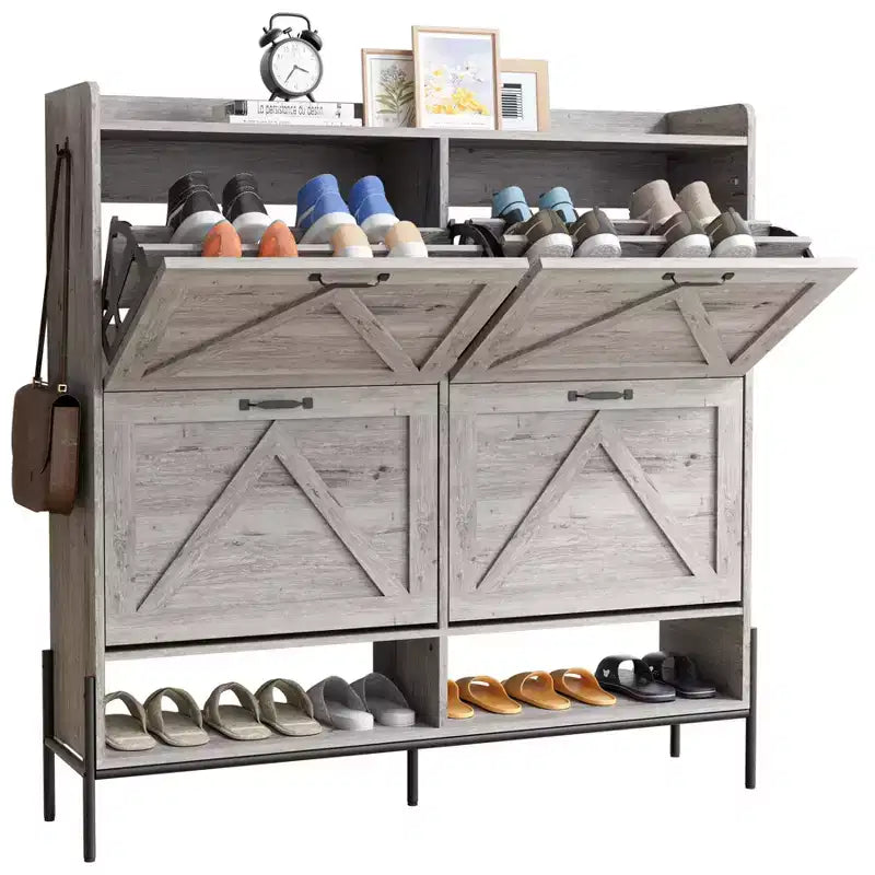 Meuble à chaussures avec 4 tiroirs basculants, Meuble à chaussures étroit, Organisateur de rangement de chaussures autoportant, Séparation sec et humide avec pieds en métal