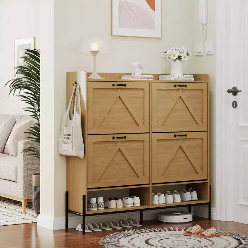 Meuble à chaussures avec 4 tiroirs basculants, Meuble à chaussures étroit, Organisateur de rangement de chaussures autoportant, Séparation sec et humide avec pieds en métal