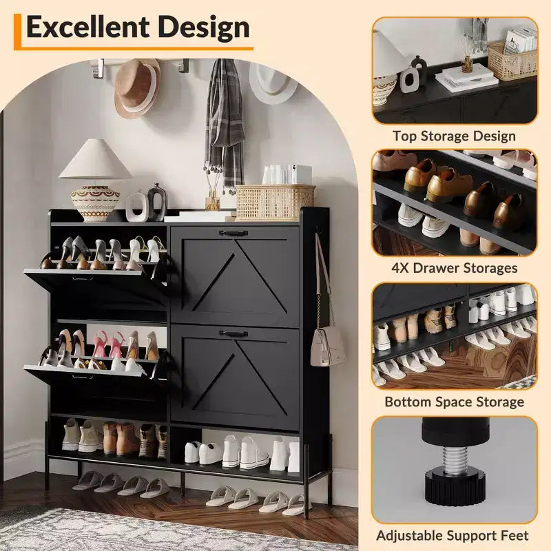 Meuble à chaussures avec 4 tiroirs basculants, Meuble à chaussures étroit, Organisateur de rangement de chaussures autoportant, Séparation sec et humide avec pieds en métal