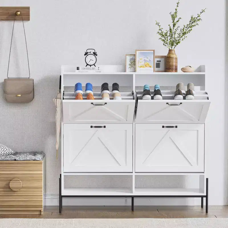 Meuble à chaussures avec 4 tiroirs basculants, Meuble à chaussures étroit, Organisateur de rangement de chaussures autoportant, Séparation sec et humide avec pieds en métal