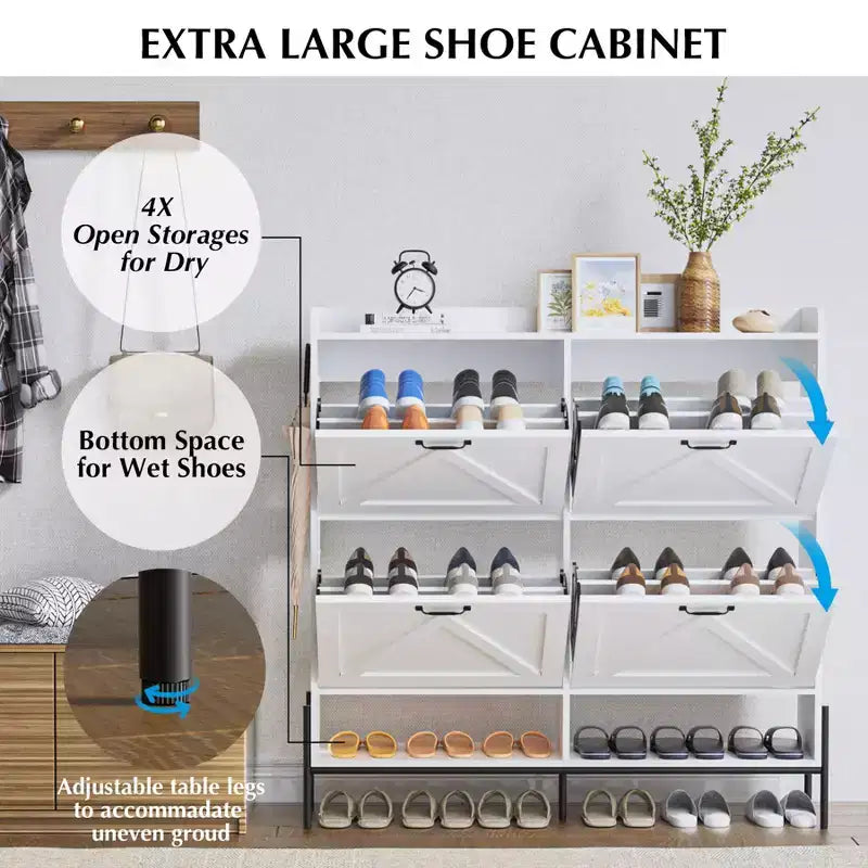 Meuble à chaussures avec 4 tiroirs basculants, Meuble à chaussures étroit, Organisateur de rangement de chaussures autoportant, Séparation sec et humide avec pieds en métal