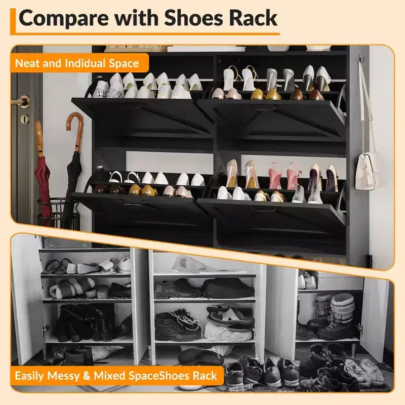 Meuble à chaussures avec 4 tiroirs basculants, Meuble à chaussures étroit, Organisateur de rangement de chaussures autoportant, Séparation sec et humide avec pieds en métal