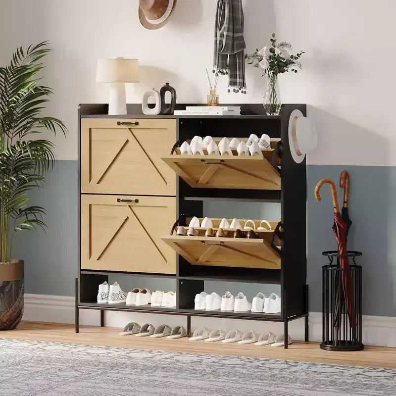 Meuble à chaussures avec 4 tiroirs basculants, Meuble à chaussures étroit, Organisateur de rangement de chaussures autoportant, Séparation sec et humide avec pieds en métal