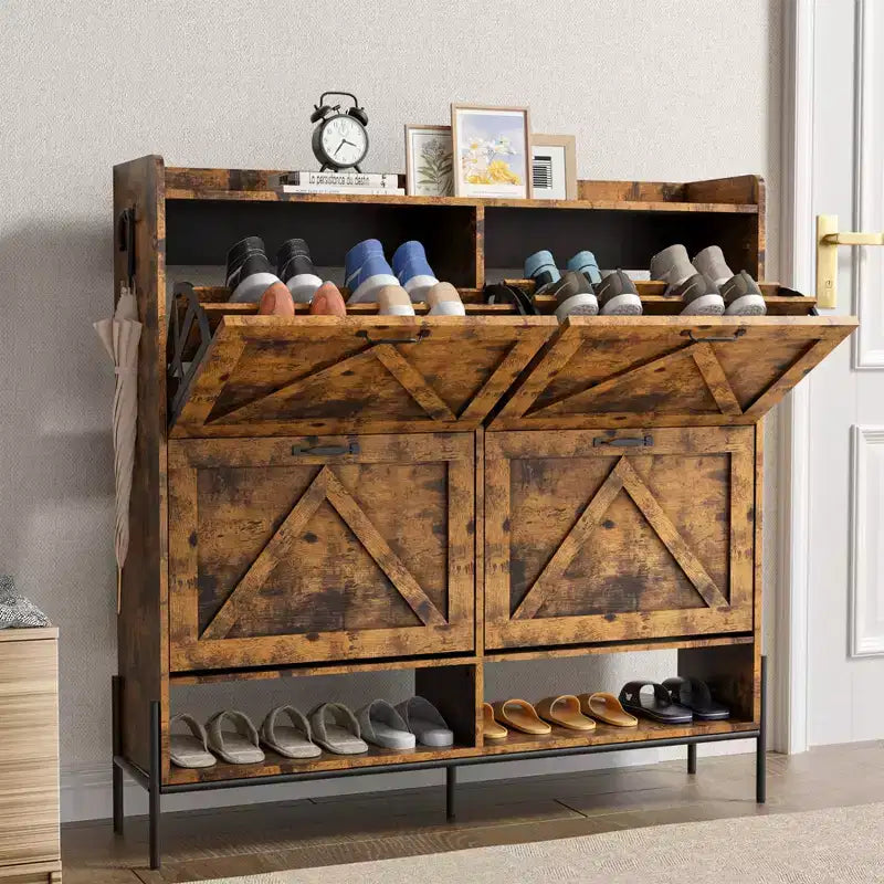 Meuble à chaussures avec 4 tiroirs basculants, Meuble à chaussures étroit, Organisateur de rangement de chaussures autoportant, Séparation sec et humide avec pieds en métal