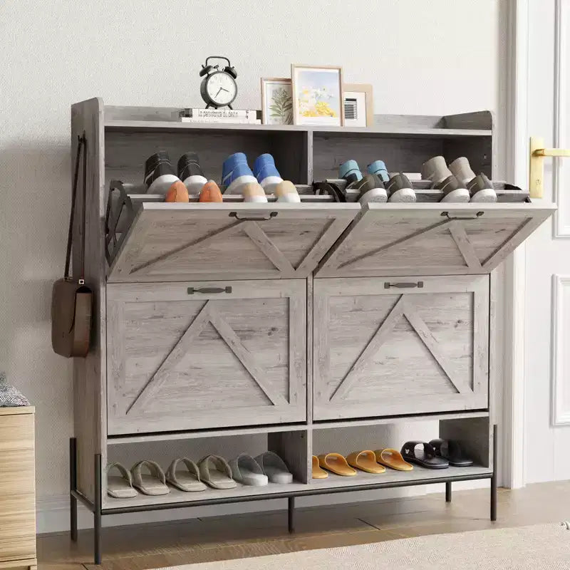 Meuble à chaussures avec 4 tiroirs basculants, Meuble à chaussures étroit, Organisateur de rangement de chaussures autoportant, Séparation sec et humide avec pieds en métal