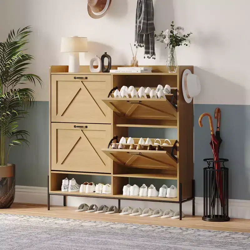 Meuble à chaussures avec 4 tiroirs basculants, Meuble à chaussures étroit, Organisateur de rangement de chaussures autoportant, Séparation sec et humide avec pieds en métal