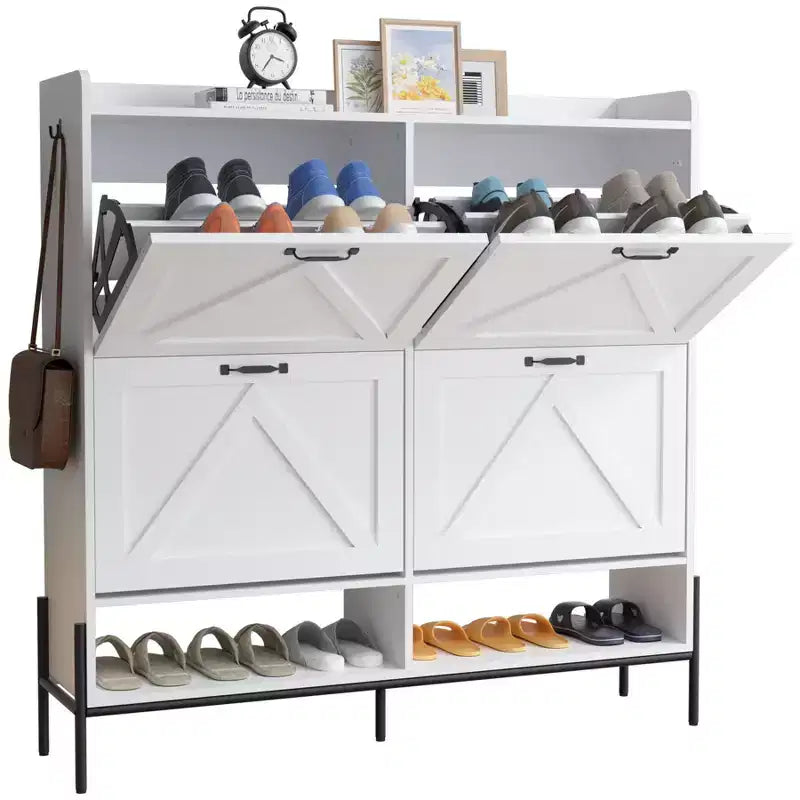 Meuble à chaussures avec 4 tiroirs basculants, Meuble à chaussures étroit, Organisateur de rangement de chaussures autoportant, Séparation sec et humide avec pieds en métal