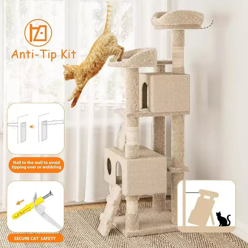 Grand arbre à chat de 180 cm, avec plusieurs niveaux, condo pour chat, poteaux à griffer en sisal et perchoirs rembourrés en peluche, cadre d'escalade pour chat, jaune