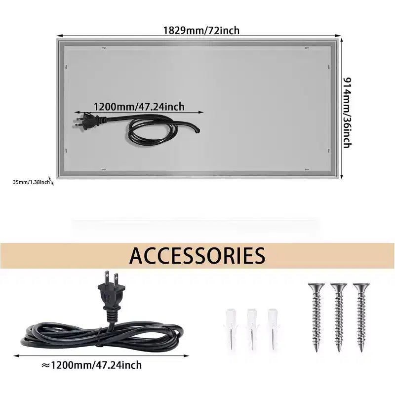Grand miroir de salle de bain LED 183x91 cm Lumières avant/arrière, anti-buée et luminosité réglable