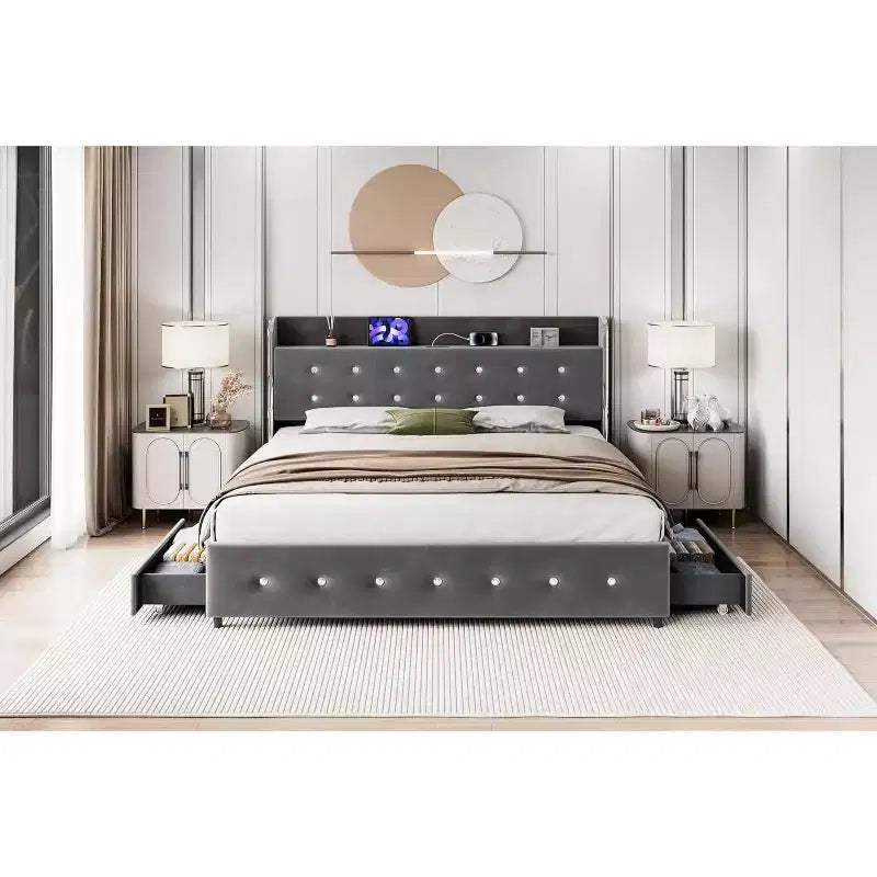 Bed Frame with Storage Headboard, 4 Drawers, and Charging Station, Velvet Upholstered Platform Design, No Box Spring Required, Sturdy Support.