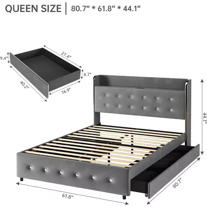 Cadre de lit avec tête de lit de rangement, 4 tiroirs et station de charge, design plateforme rembourrée en velours, pas besoin de sommier tapissier, support robuste.