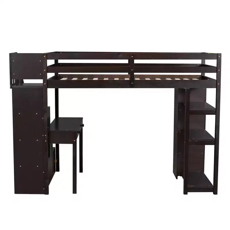 Lit mezzanine double avec bureau et escalier, lit mezzanine haut en bois avec tiroirs et étagères pour enfants et adolescents