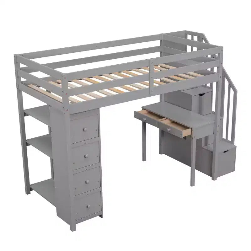 Lit mezzanine double avec bureau et escalier, lit mezzanine haut en bois avec tiroirs et étagères pour enfants et adolescents