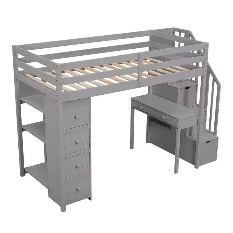 Lit mezzanine double avec bureau et escalier, lit mezzanine haut en bois avec tiroirs et étagères pour enfants et adolescents